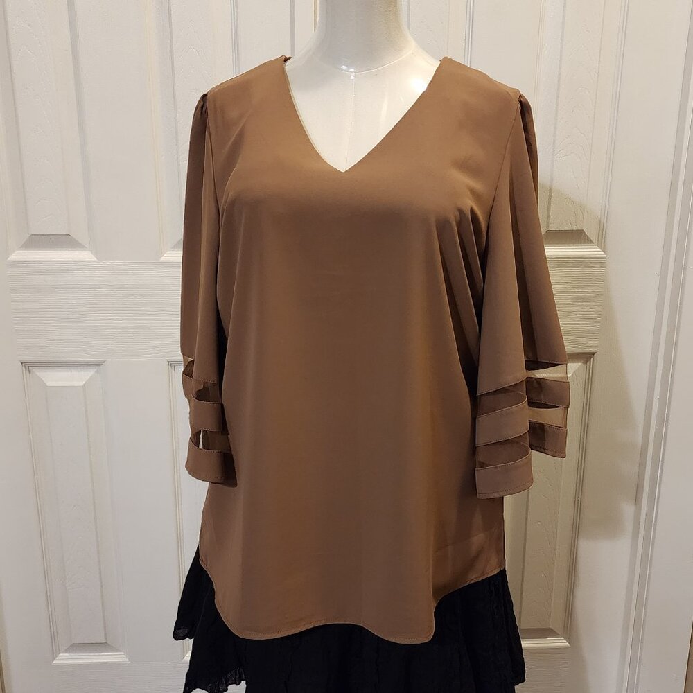 Lookbook V neck top with 3/4 bell sleeves with mesh insert in camel brown